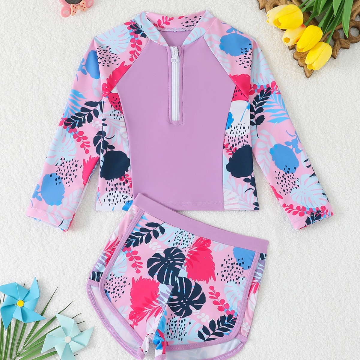 Rash Guard Long Sleeve - Kız Çocukları Yaprak Baskılı 2 Parçalı