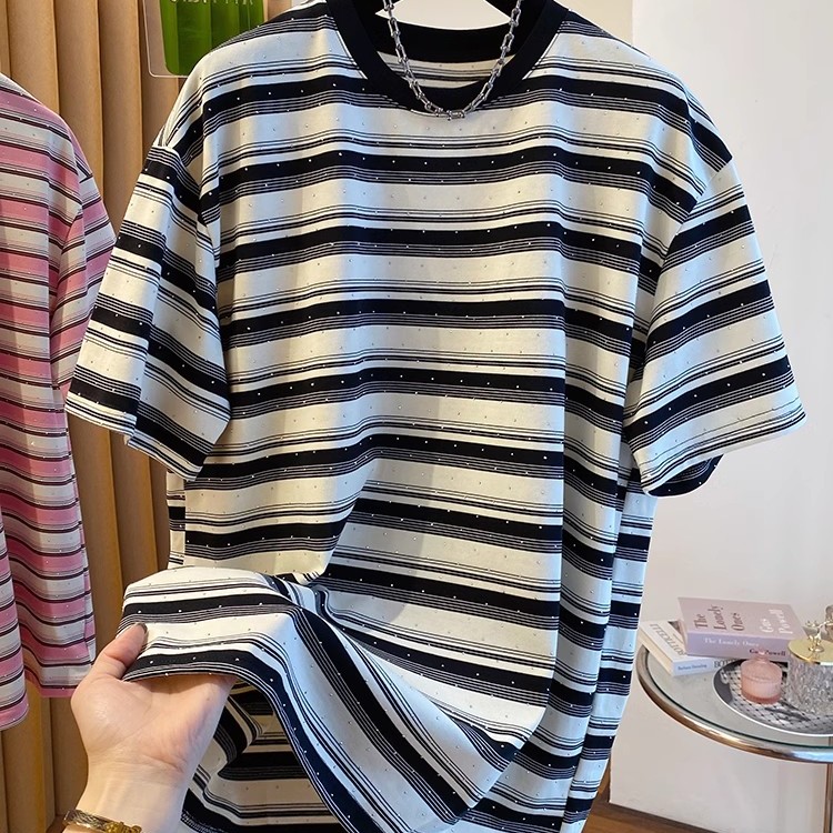 Summer Clothing Outlet - Unisex Saf Pamuk Çizgili Kısa Kollu