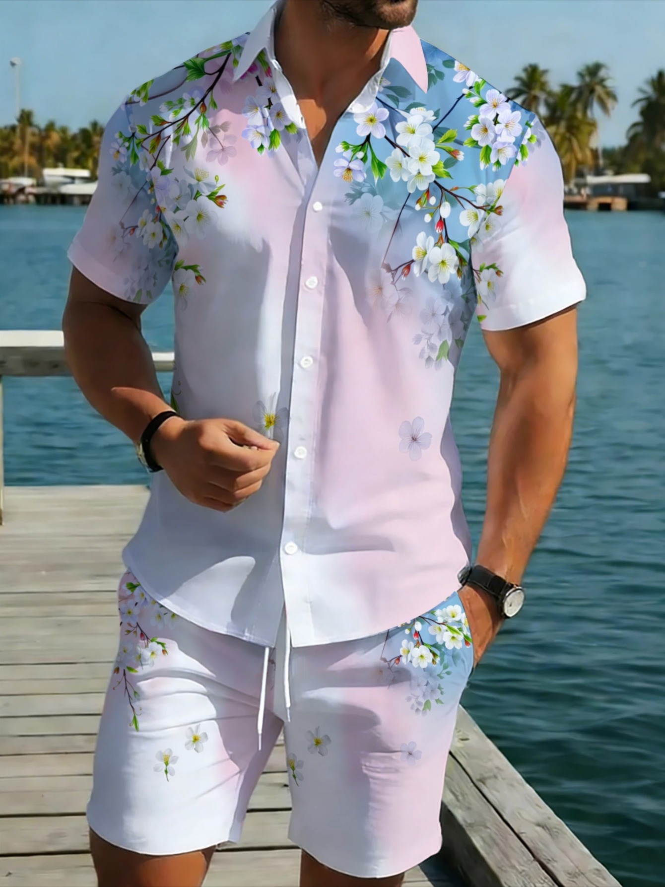 Beach Shirt Hawaiian - Erkek Hawaii 2 Parça Takım Gradyan