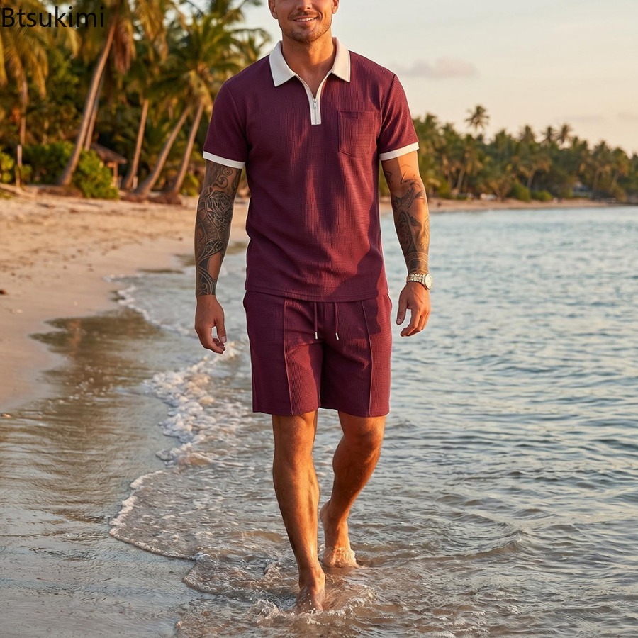 Erkek Waffle Yaka Polo Kısa Ko - Summer Vacation Clothing Men incelemesi ve fiyatı